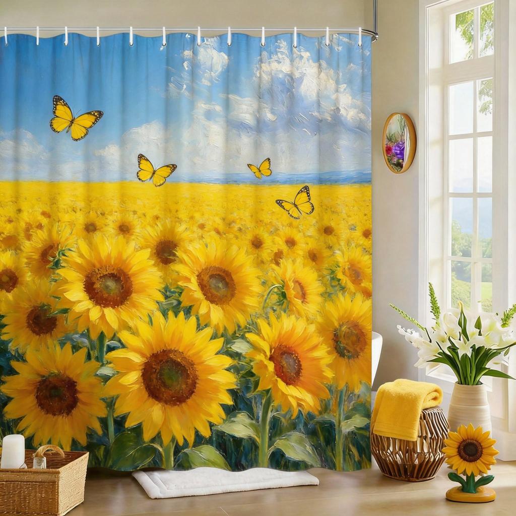 Impressionist Poppy Field Shower Curtain Pink Flowers Oil Painting Print Polyester Bath Curtain With Hooks For Floral Decor