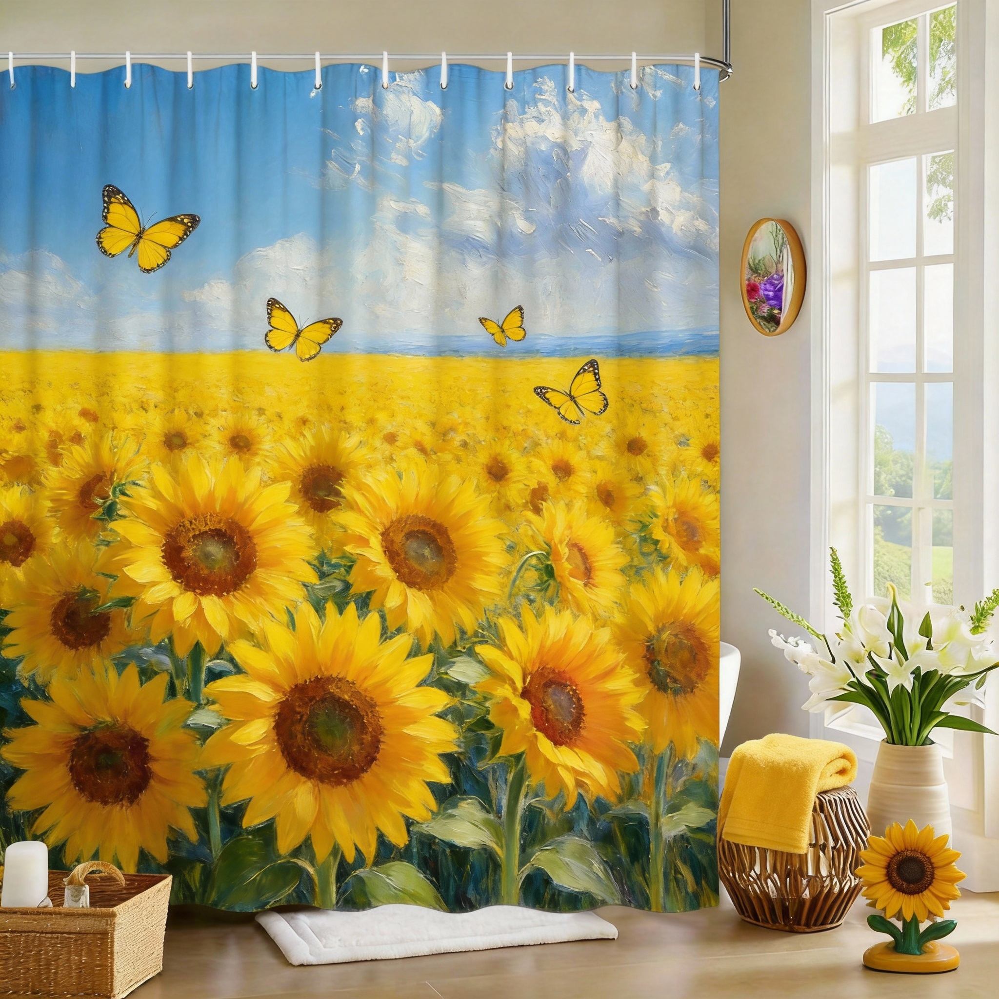 

Impressionist Poppy Field Shower Curtain Pink Flowers Oil Painting Print Polyester Bath Curtain With Hooks For Floral Decor W60H190(CM)-1 Pcs