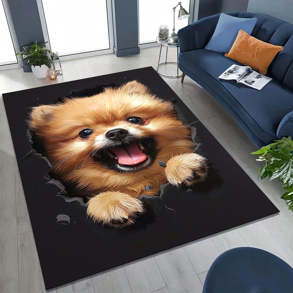 Tapete Fofo Cão Filhote Quebrando a Parede Ilusão 3D para Quarto Sala de Estar Sofá Casa Capacho Decoração, Tapete Grande Antiderrapante para Brincar de Crianças