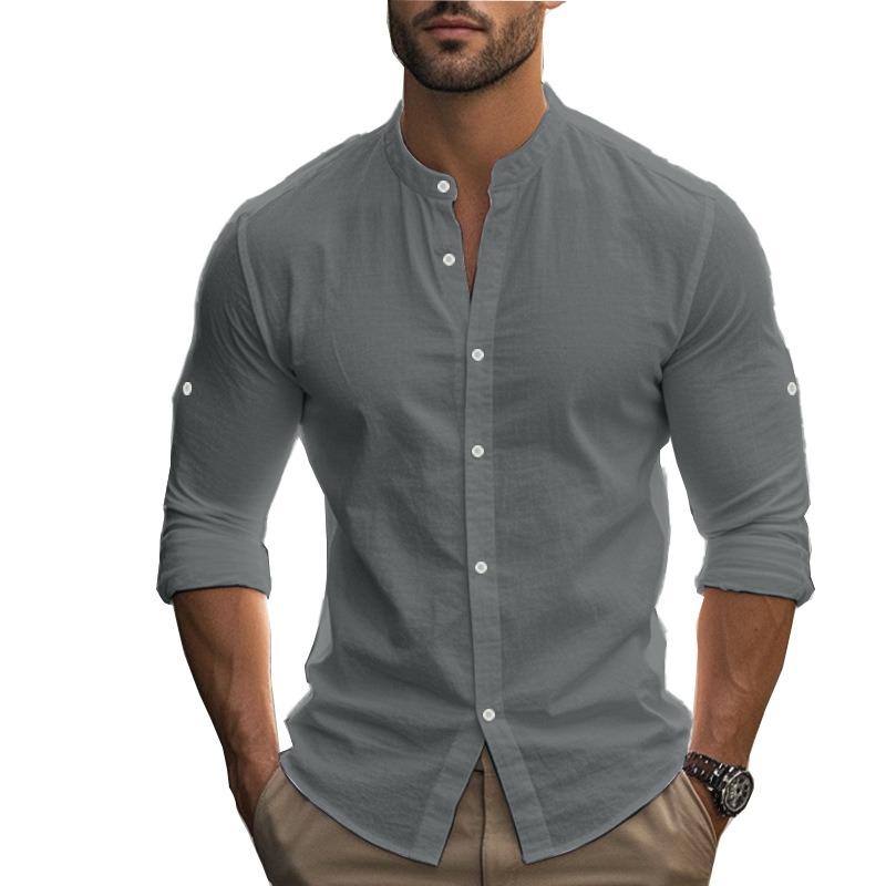 

Spring Autumn Stand Collar Casual Fashion Cotton Linen Shirt Male Long Sleeve Solid Blouse Men Cardigan Top 3XL сірий