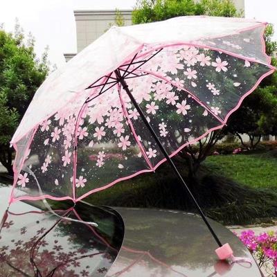 Thickening Transparent Three Fold Rain Umbrella Japanese Cherry Blossom Plastic PVC Clear Sakura Falbala Umbrellas Women Parapluie Princess Parasol
