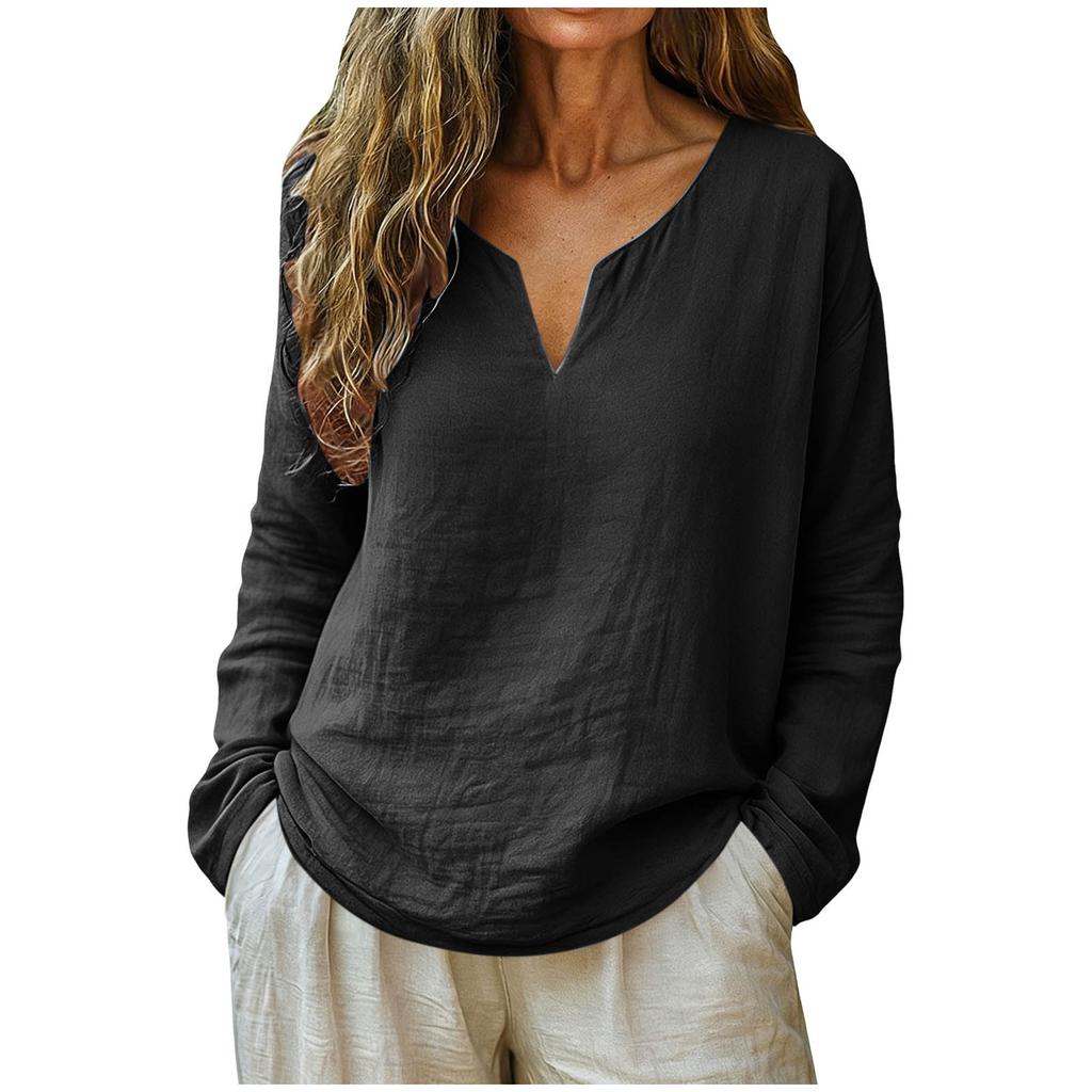 Women's Fashionable Loose-Fit -Color Cotton-Linen V-Neck Long-Sleeve Shirt