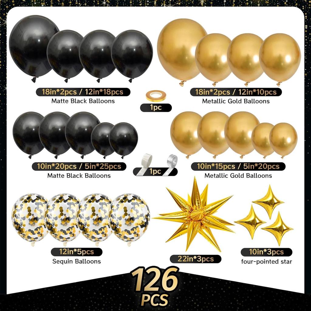 Black and Gold Balloon Arch Kit, AivaToba 126 Pieces Black Gold Metallic Chrome and Gold Confetti Balloons, Party Decoration Set for Graduation,