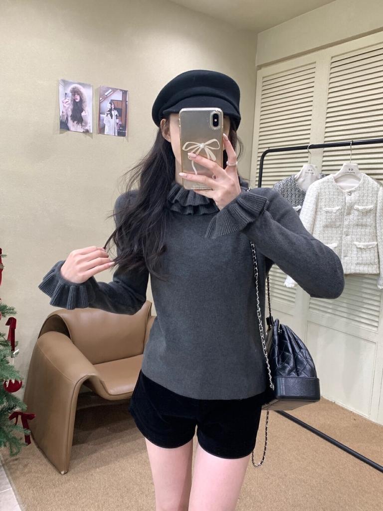 Lotus Leaf Edge Long-sleeved Knitted Sweater Women's Stacked Design Sweater Autumn and Winter New Inner Top