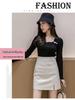 Women's High-Waist PU Leather A-Line Skirt - Black Slit Short Skirt for Autumn/Winter