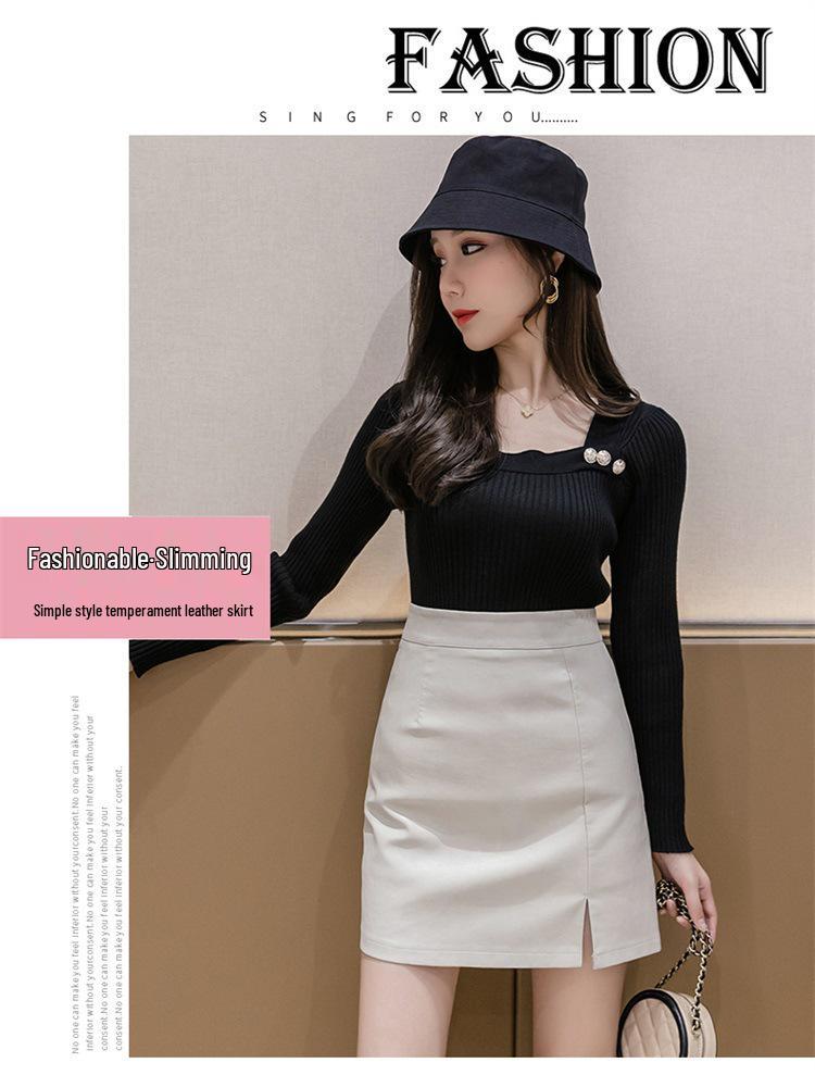 Women's High-Waist PU Leather A-Line Skirt - Black Slit Short Skirt for Autumn/Winter