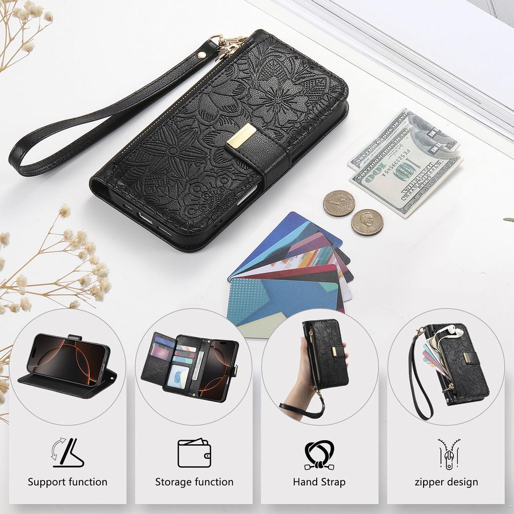 Floral Leather Wallet Case for iPhone 12-17 series.Vintage All-in-One Card Holder w/Stand, Magnetic Closure & Wrist Strap