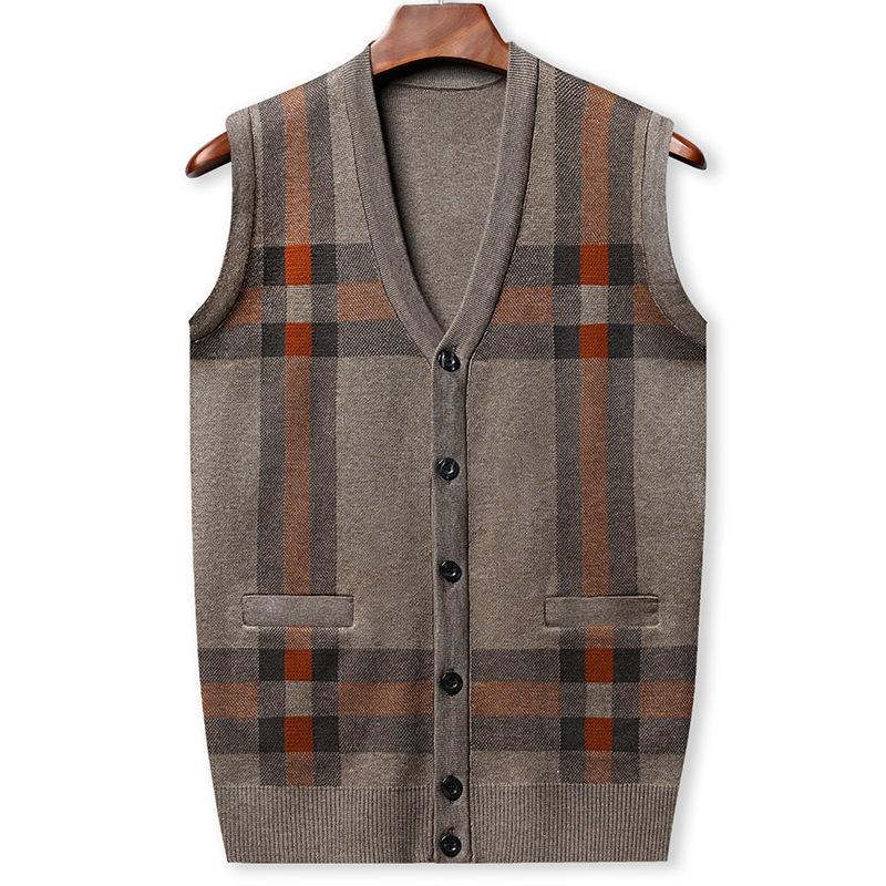 Herbst Winter Herren Pullover Weste Lässig Ärmellos Strickjacken Herren Mode Kariert V-Ausschnitt Cardigans Herren Kleidung Gestrickte Weste