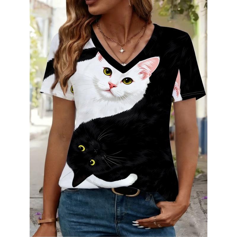 Women's T Shirt Cat Graphic Animal Stylish Classic Casual Short Sleeve Crew Neck Regular