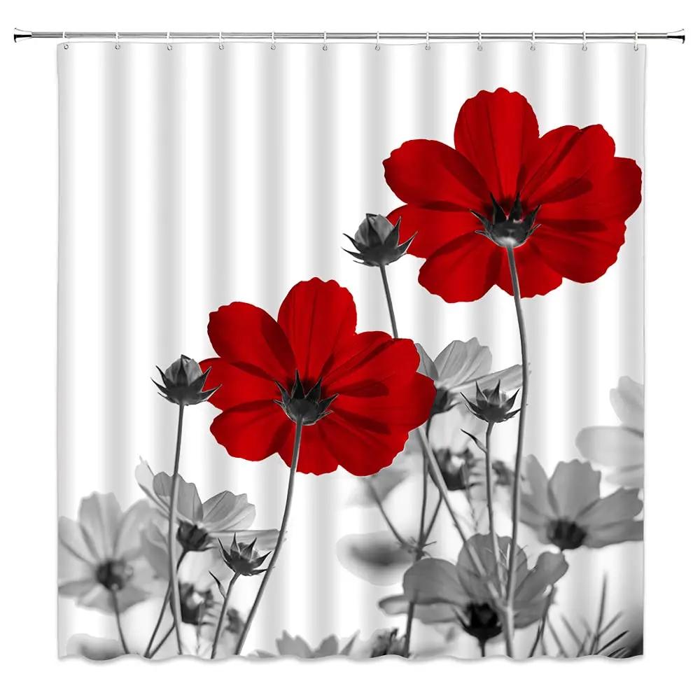 Red Poppy Flower Shower Curtain with Hooks, Washable Fabric, Bathroom Curtains, Floral