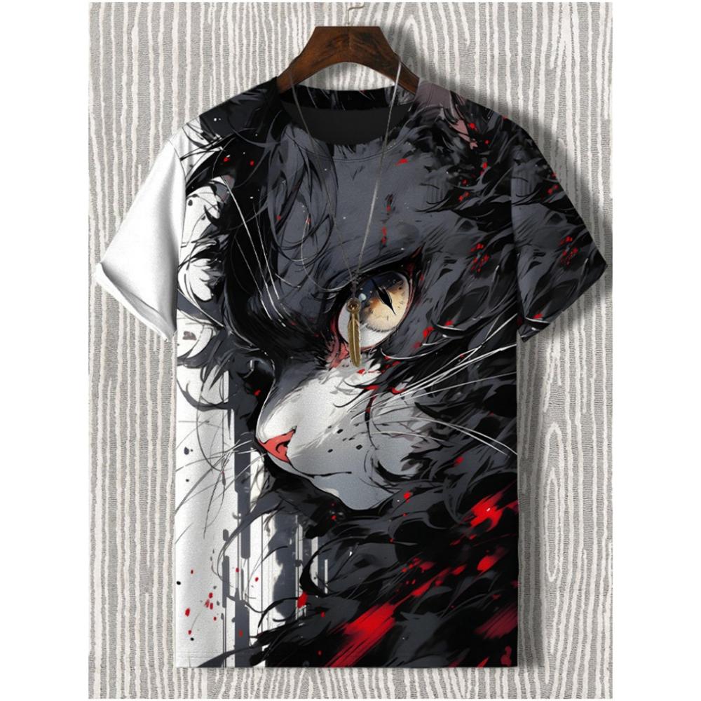 Japanese Style Samurai Cat Graphic T Shirt For Men Causal 3D Printed O Neck Short Sleeve Tees Outdoor Oversize Men Clothing Tops
