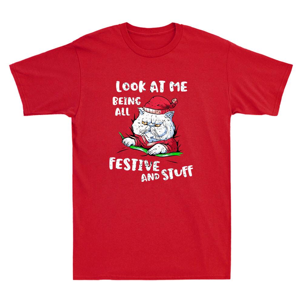 Look At Me Being All Festive and Stuff Funny Christmas Cat Vintage Men s T-Shirt XXXL