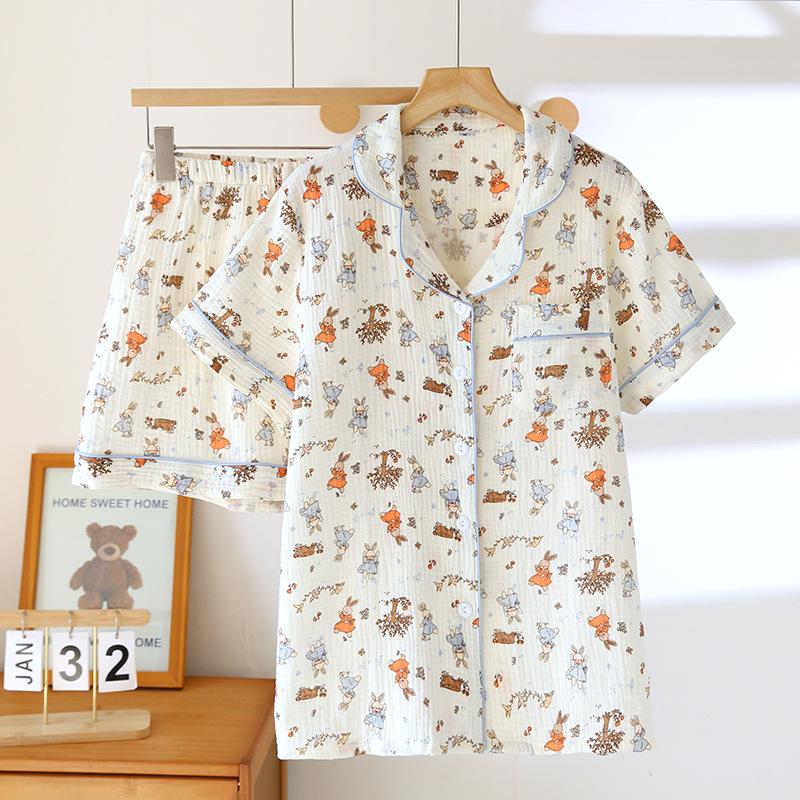 2026 New Summer Women's Pajama Set 100% Cotton Crepe Large Short Sleeve Shorts Two Piece Home Clothes Sleepwear Ladies