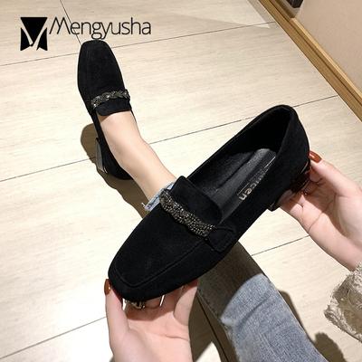 Fashion Crystal Chain Slip On Loafers Women Shoes Sewing Shallow Soft Sole Moccasins Femme Flock Glitter Square Toe Chaussures Mujer