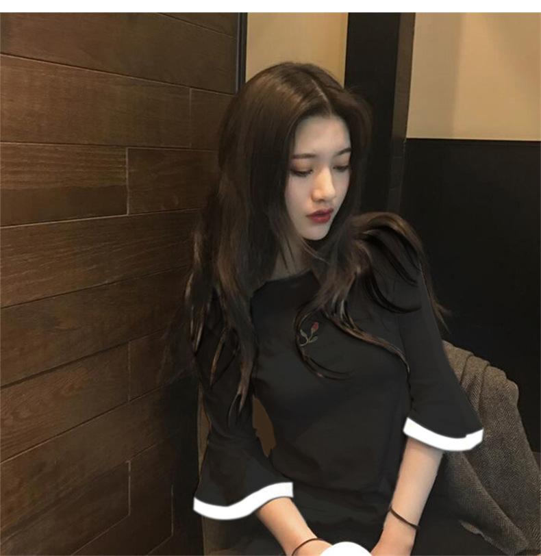 

Summer Korean version of the new horn sleeve embroidered short-sleeved T-shirt, female student top, and one piece of women s clothing will M чёрный