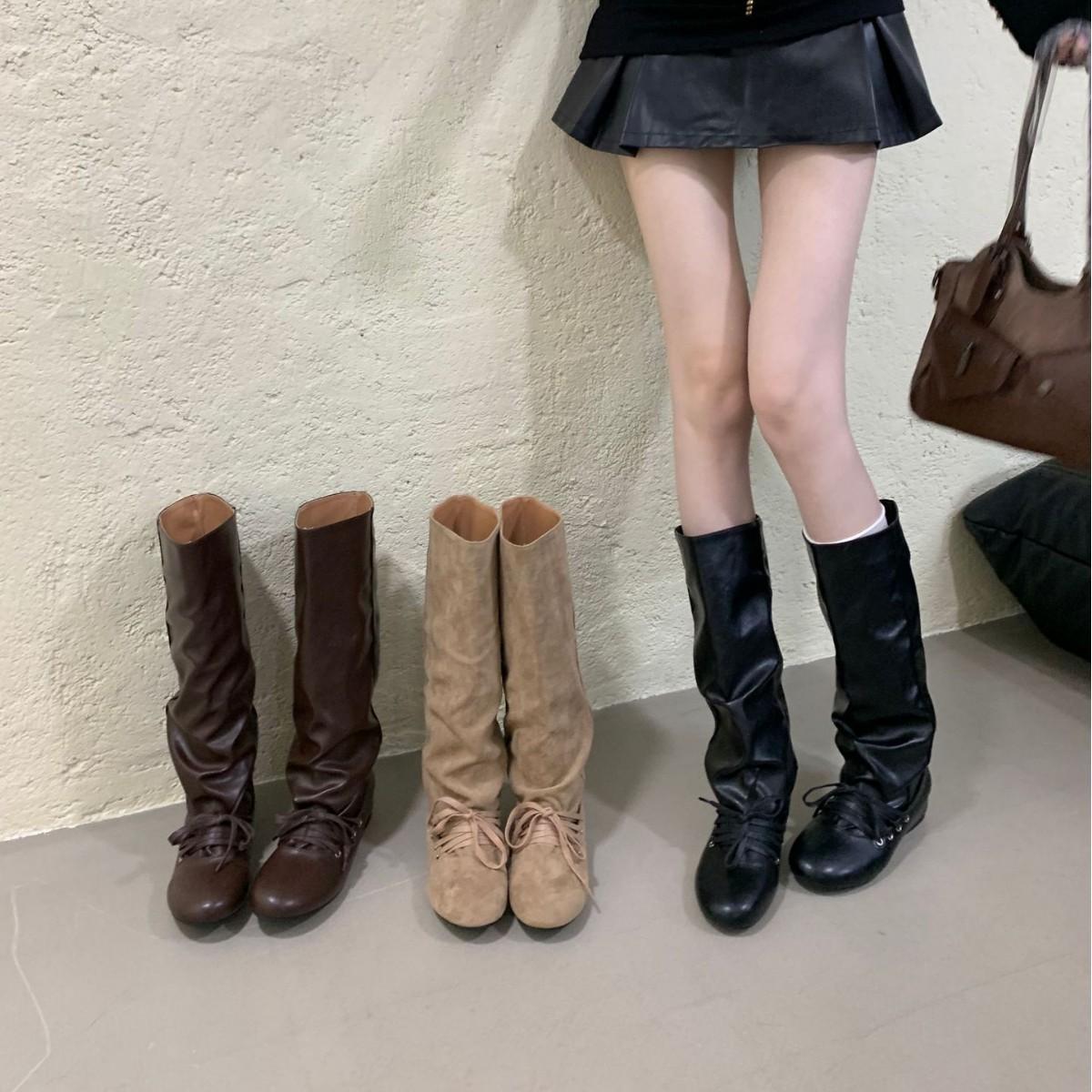 

2025 autumn and winter new inner height-increasing women s boots short boots pleated stacking boots medium boots western boots long boots women s boot 39 хаки