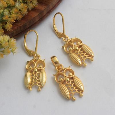 Silber-Charm-Schmuck, gelbvergoldeter Eulen-Anhänger-Ohrring, Schmuck aus 100 % 925er-Sterlingsilber