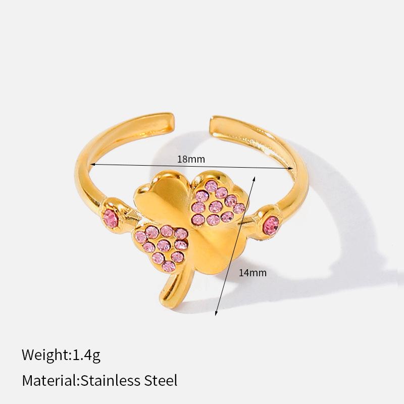 Stainless Steel Four-leaf Clover Open Ring Women's Gold-plated Diamond-set Light Luxury Niche Design Fashion Ring Zircon Jewelry