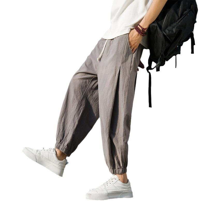 Spring and summer men's and women's casual pants men's Harlan pants cotton and linen new Chinese thin loose tied nine-point pants men's