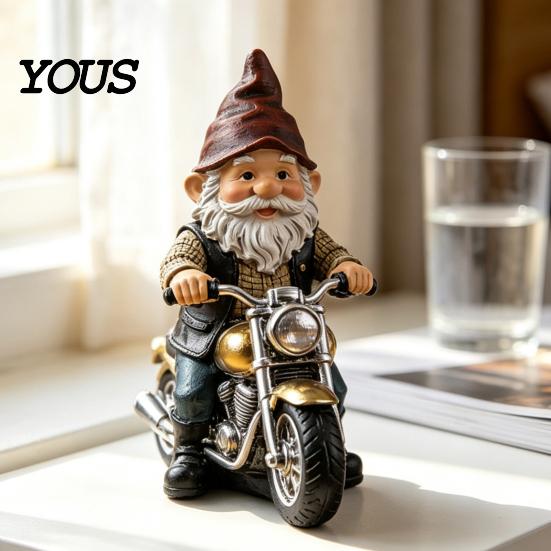 Dwarf Resin Sculpture Gnome Riding Retro Motorcycle Figurine, Motorbike Statue Desktop Ornament Sculpture, for Home Office Desk Bookshelf