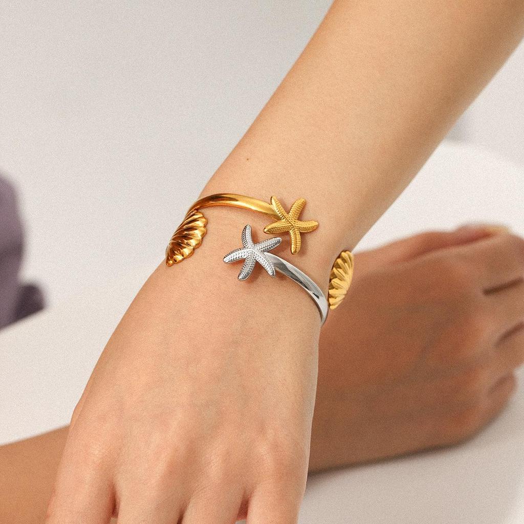 Stainless Steel Starfish & Shell Adjustable Ocean Style Bracelet