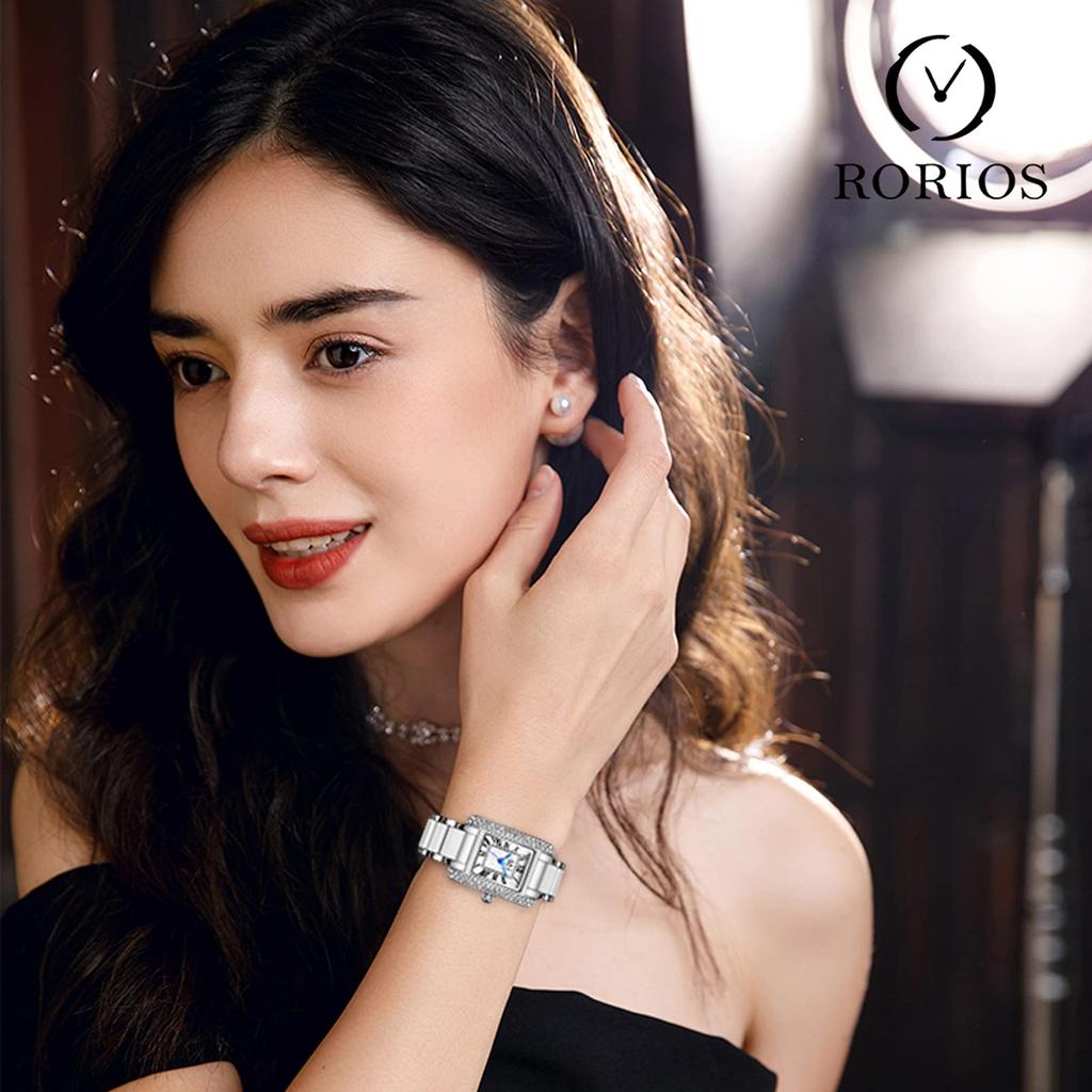 RORIOS Watch Analog Arm Watch Stylish Waterproof Quartz Square Glitter Fashion Popular Alloy Artificial Diamond Casual Business watch for women Silver