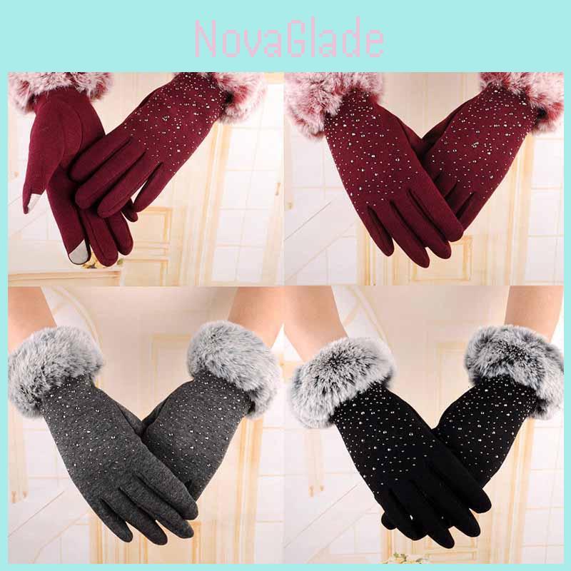 Cozy Womens Outdoor Sport Warm Fur Crystal Thick Finger Gloves Mittens For Cold Weather