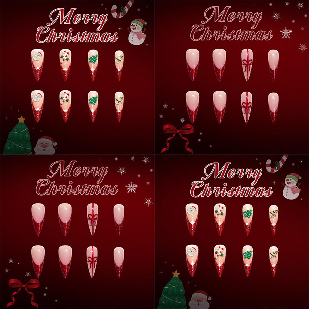 Elegant French Tip Glitters Press On Nail 48PCS Set Long Coffin Shape Snowman Christmas Theme Artificial Nail For Gift