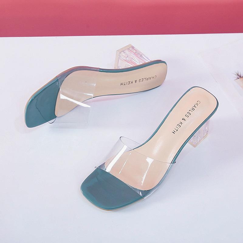 Popular  Crystal Clear Transparent Heel Slippers Female Shoes Middle Heels Comfortable New Summer Women Popular Mules Slides 42