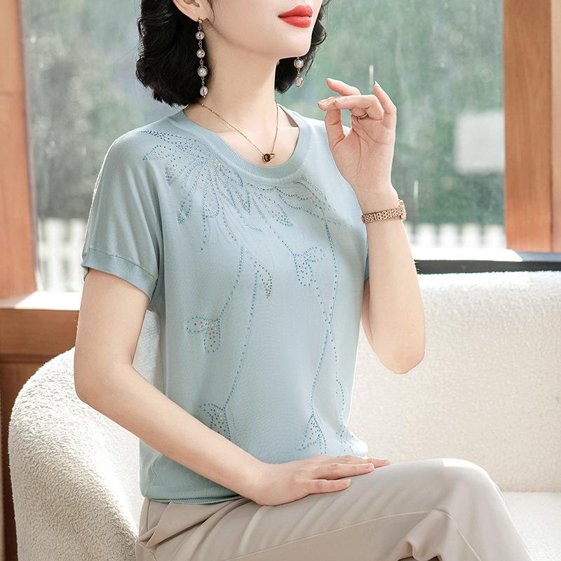 Damen Eisseide Strick-T-Shirt, Kurzarm, Sommerstil für Alter 40-50
