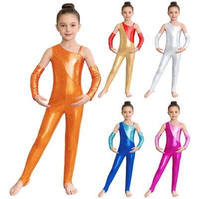 Girls One Shoulder Jumpsuit Color Block Metallic Foot Straps Gloves Side Zipper Dance Gymnastics Outfit