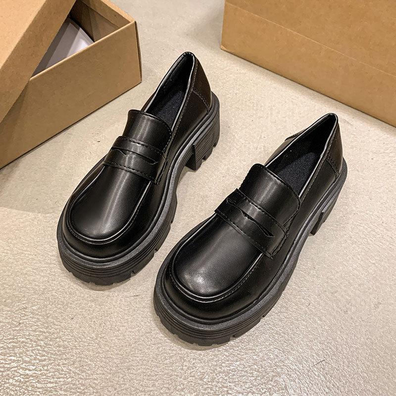 Thick heel retro British style black platform loafers women's spring and autumn 2025 new black small leather shoes women's