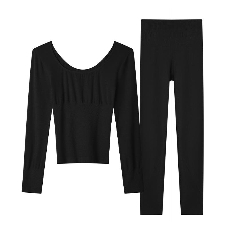 Herbst/Winter Nahtloses Warmes Rundhals Body Shaping Set: Fischgrätenmuster High Waist Leichte Ober- und Unterteile