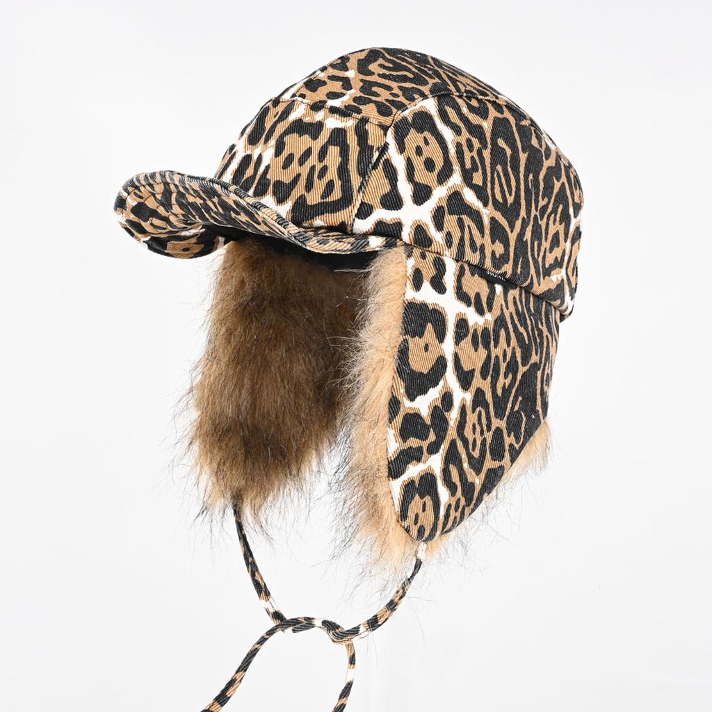 American leopard print plush cap men's and women's winter warm and cold outdoor cycling pilot ear hat