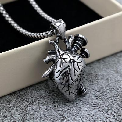 Vintage Stainless Steel Gothic Punk Necklace for Men with Screw Heart Pendant Unique Punk Jewelry Gift