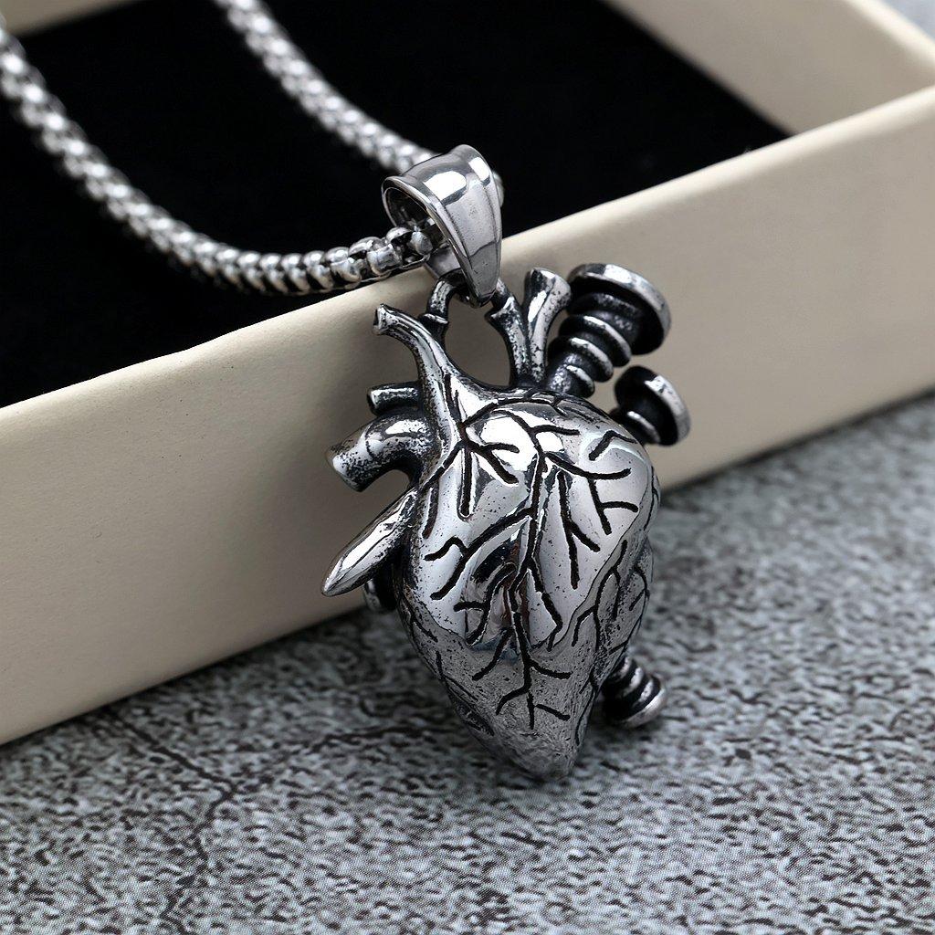 Vintage Stainless Steel Men's Screw Heart Pendant Gothic Punk Necklace