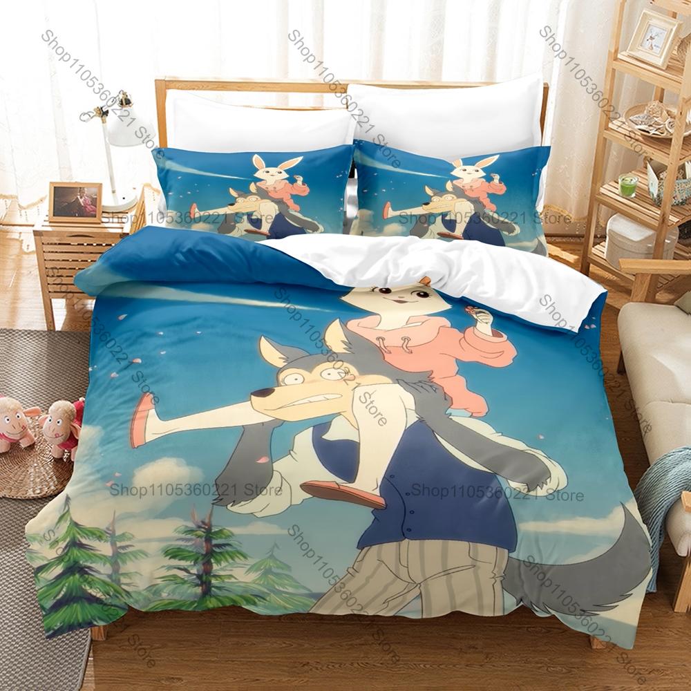 Anime Beastars 3 Pieces Duvet Cover Set Cute Kawaii Bed Set Soft Microfiber Bedding with Pillowcases for Fans Gift