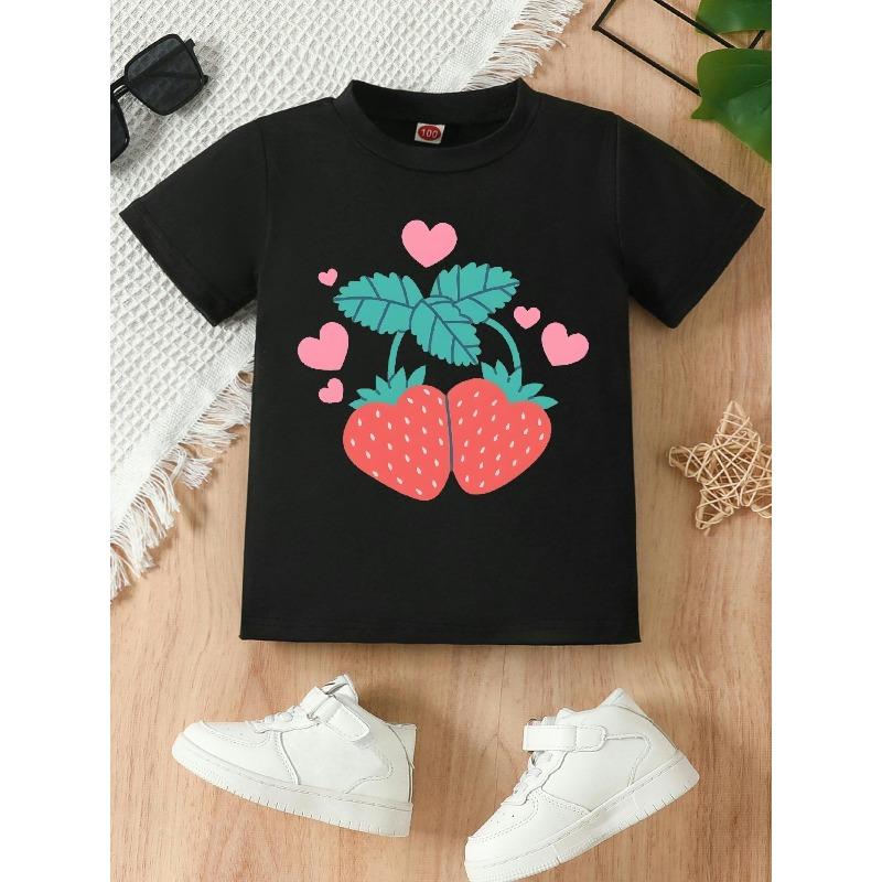 

European sizes Adorable Strawberry Print T-shirt for Girls | Casual, Stylish, Comfortable with Crew Neck, Medium Stretch Fabric, Perfect for Summer 98cm чёрный