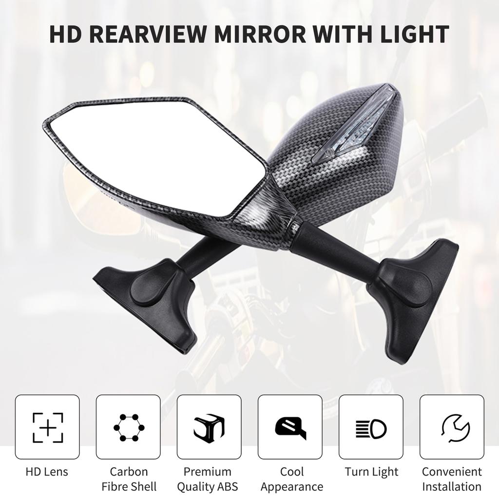 Universal Motorcycle Rearview Mirrors HD with Lights Flat Mirror Black Modified Reversing Reflector