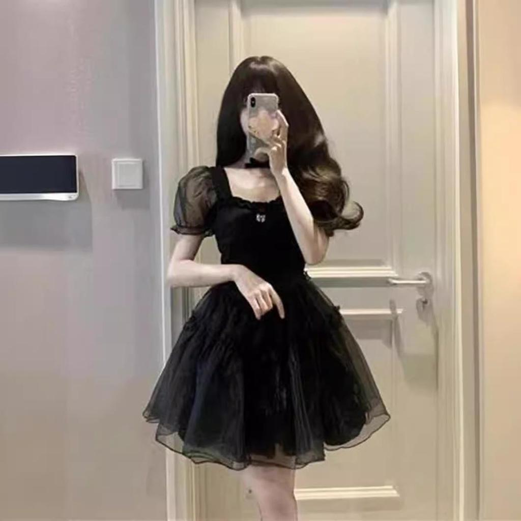 French Retro Black Puff Sleeve Slim Dress - Summer Little Black Dress