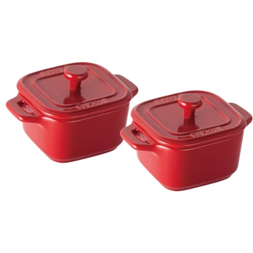Staub "Square Cocotte Pair Cherry, 8cm, Set of 2" Ceramic Heat-Resistant Storage Container, Microwave-Safe [Official Japanese Product] La Cocotte Squa