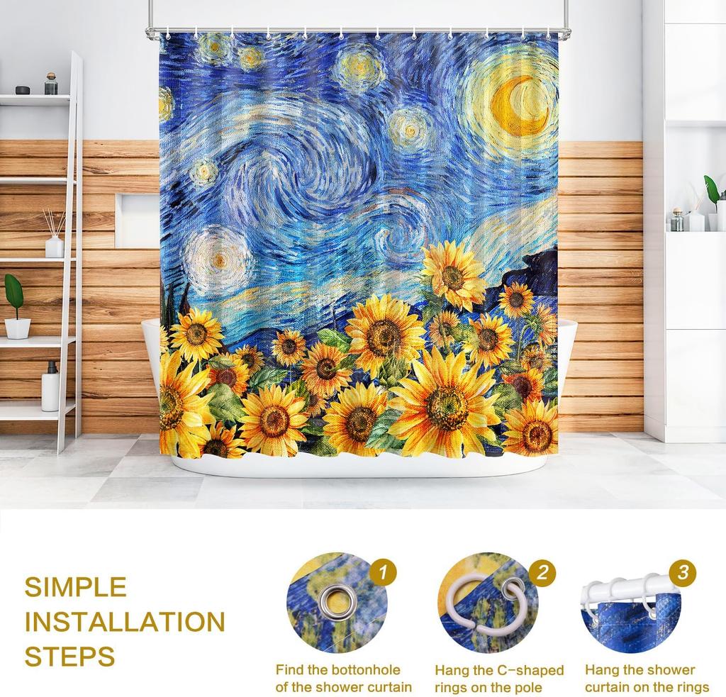 Shower Curtain Starry Night, Sunflowers Shower Curtain For Bathroom, Showercurtain Set With 12 Hooks Waterproof Polyester Fabric
