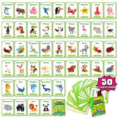 50PCS Animal Cognition Flash Cards Children's Early Education Word Recognition Paper Cards English Learning Educational Toys