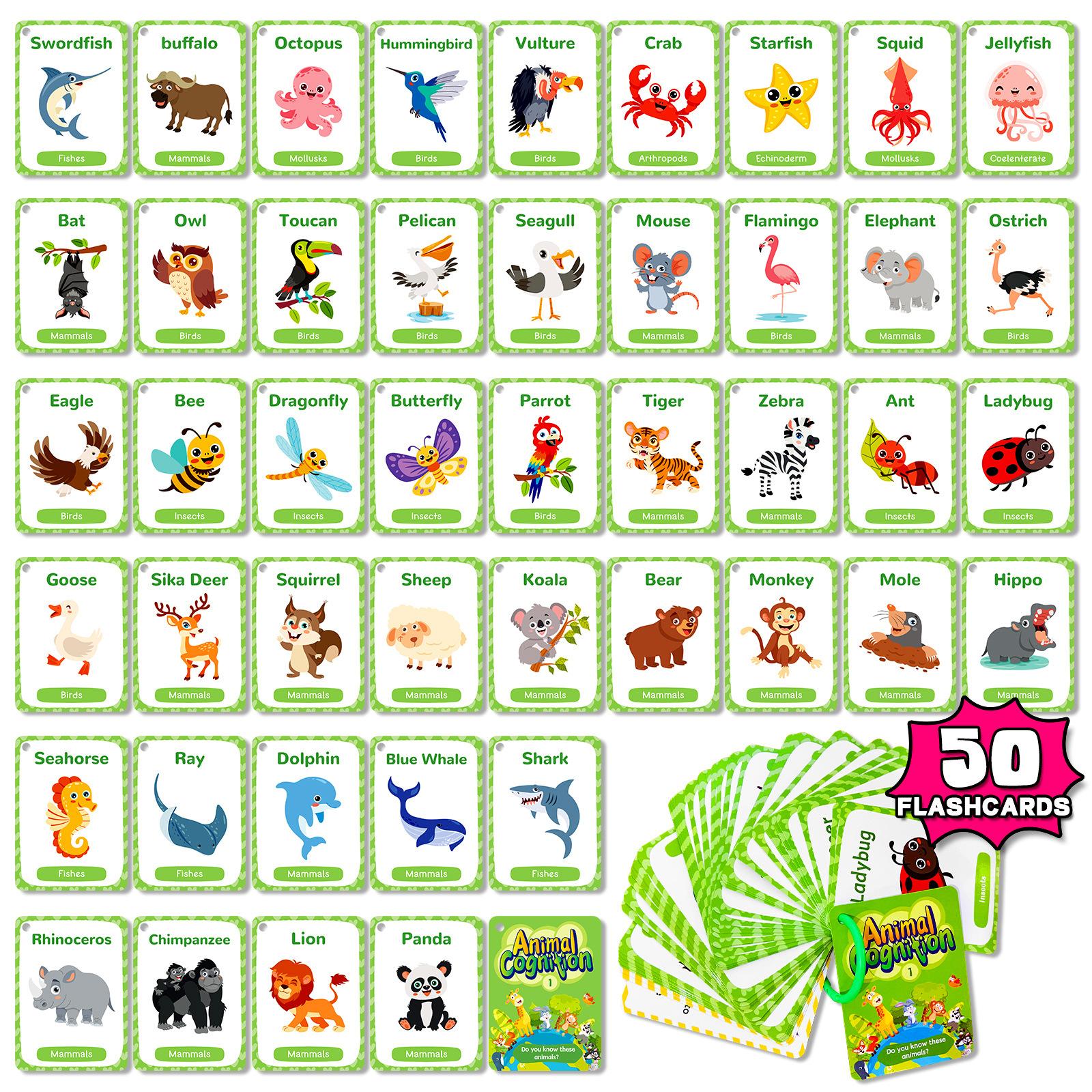 50 шт. Карточки для развития когнитивных способностей животных Детское раннее образование Распознавание слов Бумажные карточки Изучение английского языка Обучающие игрушки серый