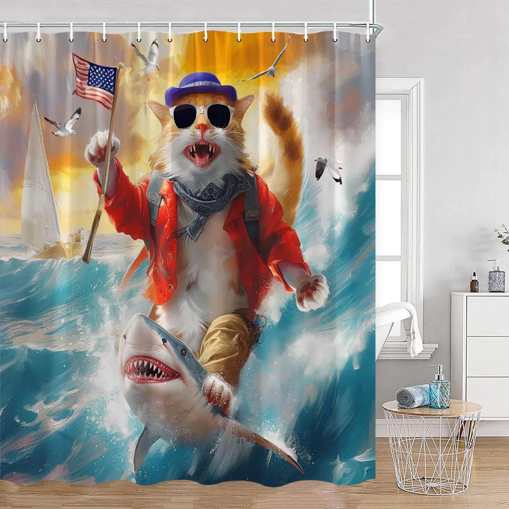 Grappige Katten Douchegordijn Katten Rijden op Haaien Cool Schattige Katten Honden Bloemen Zomer Badkamer Decoraties Polyester Badgordijn