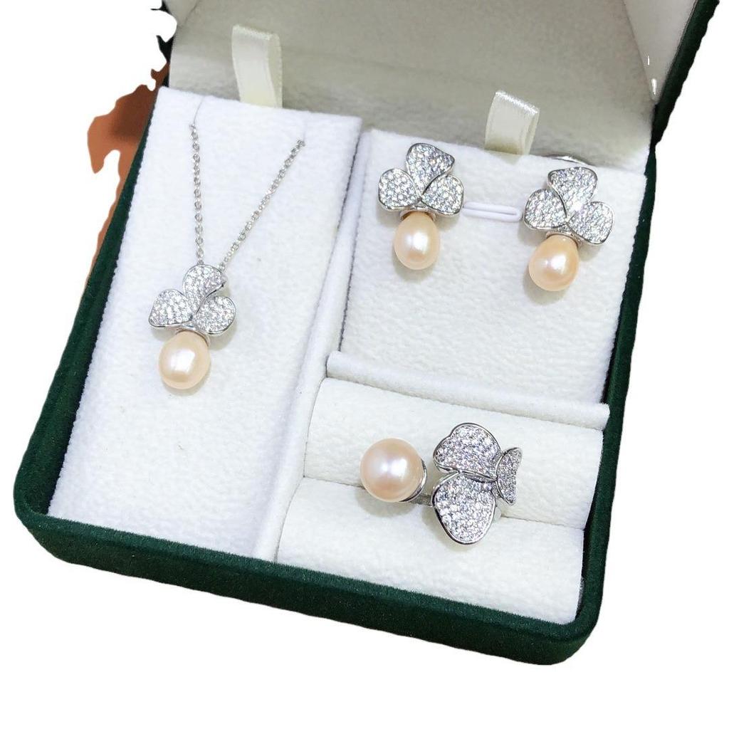Freshwater Pearl Inlaid Pendant, Earrings & Ring Set - Fashionable Three-Piece Jewelry Collection
