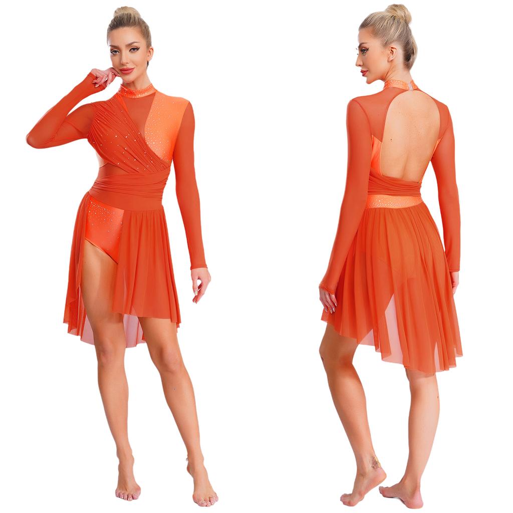 Dámský výkonnostní dres s dlouhým rukávem a holými zády se třpytivými kamínky pro taneční kostým