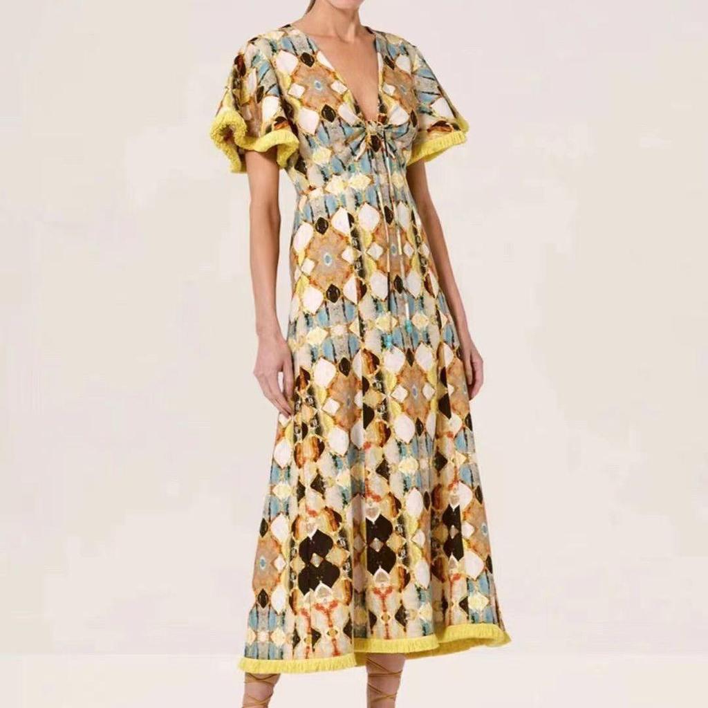 Women's 2023 Autumn V-Neck Tassel Splice Backless Long Dress with Lace-Up Waist