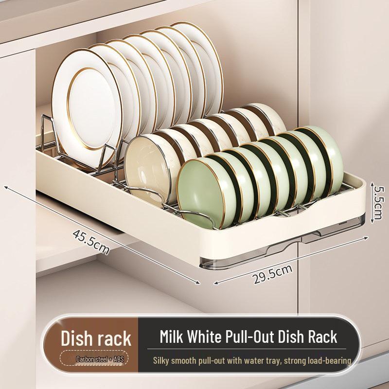 Pull-Out Kitchen Cabinet Dish Rack with Built-in Shelf and Draining Basket
