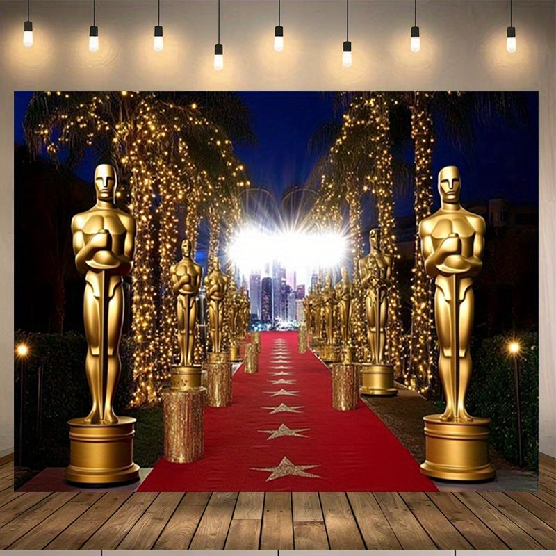Ein Partybanner mit einer goldenen Oscar-Trophäe, geeignet als Hintergrunddekoration und Fotorequisite. Aus Polyester